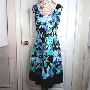 Chaps NWOT Blue Black Floral Sleeveless V-neck A-line Dress Women's Size 6